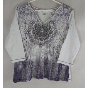 Christopher & Banks Petite Women's 3/4 Sleeve Beaded Floral Shirt Size PL